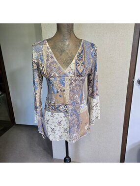 Vintage Y2K M Long Sleeve Boho Top Brown/Blue Fairy Festival Babydoll Empire